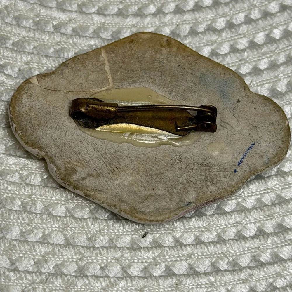 Vintage Hand Painted Ceramic Brooch Pin Landscape Church Water Gold Gilt C-Clasp